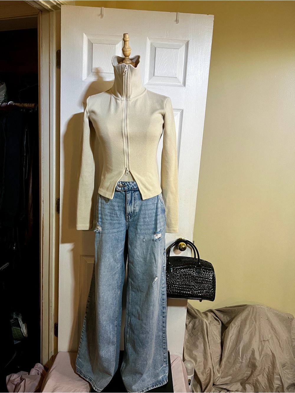 Oak+Fort Beige Funnel Neck Cotton Knit Slim Crop Zip Up Casual Cardigan XS